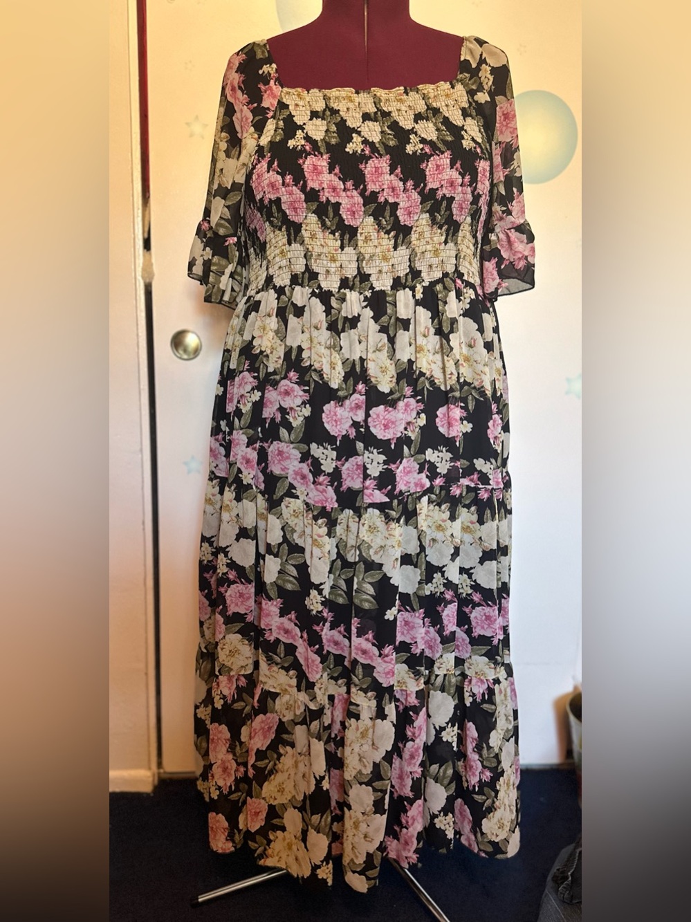 SHEIN Curve Black Floral Smocked Midi Dress with Pink & Cream Blooms Whimsigoth